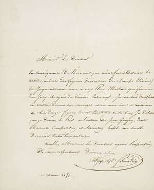 1. Lettre d'Hippolyte Flandrin à « Monsieur le Directeur » (non identifié), datée du 18 avril 1855